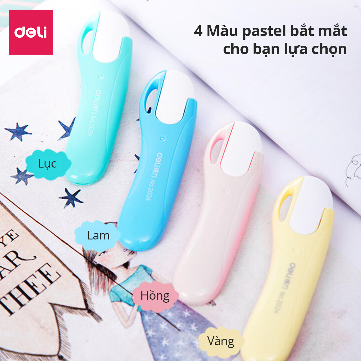 Dao rọc giấy mini 55mm Deli - 4 màu - Xanh lá/ xanh dương/ hồng/ vàng - 2024