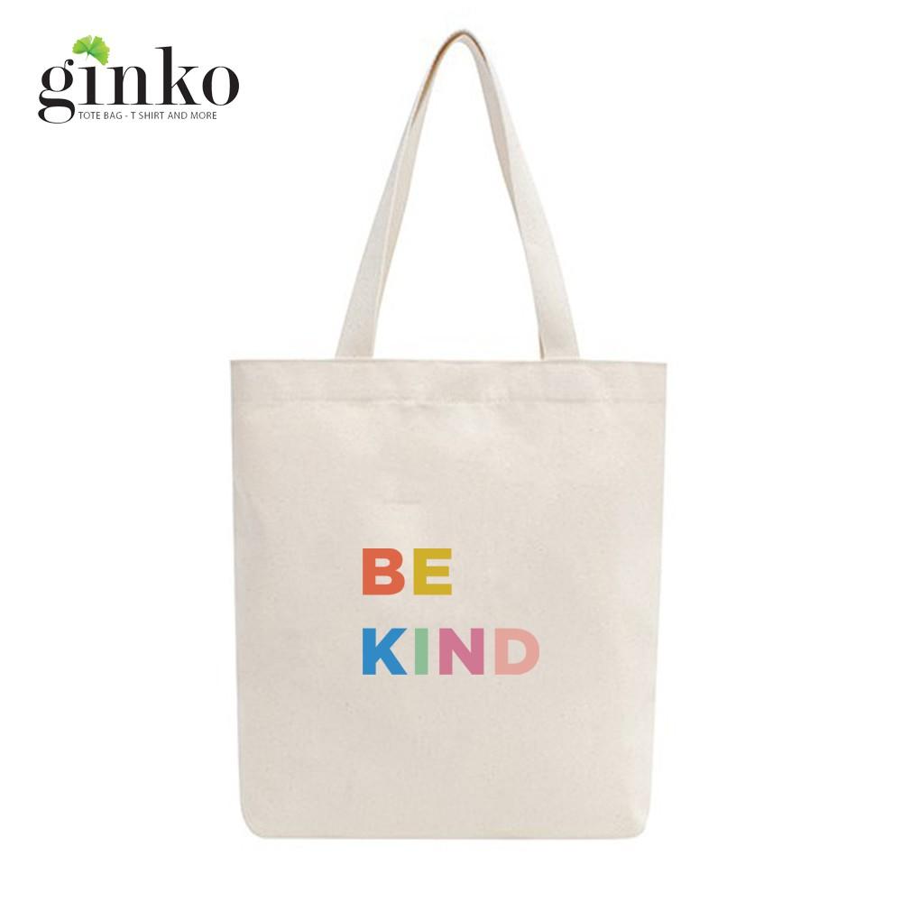 Túi Tote Vải Mộc Ginko kiểu basic có dây kéo khóa miệng túi đựng vừa laptop 14 inch và nhiều đồ dùng khác In Hình Be Kind M02