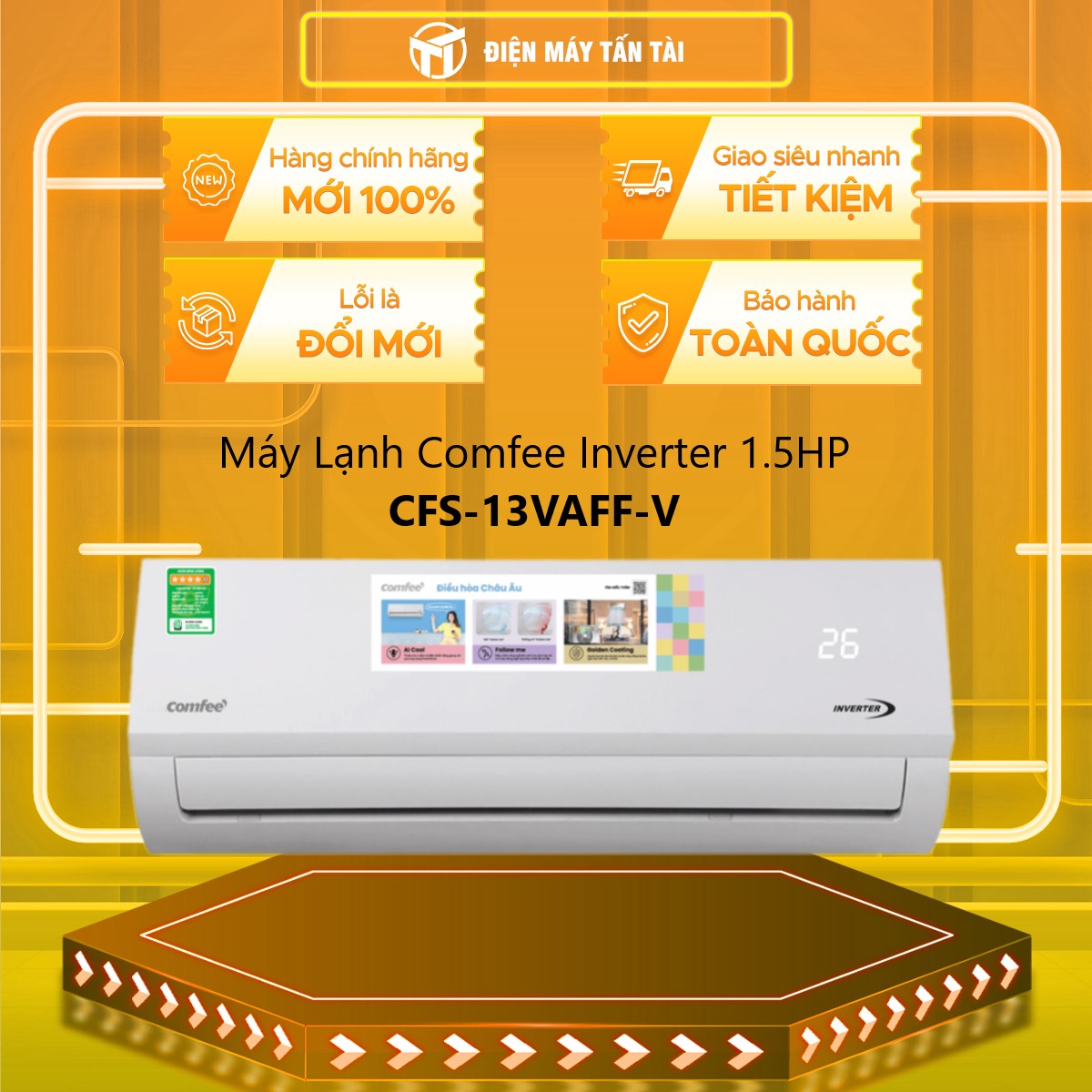 Máy Lạnh Comfee Inverter 1.5 Hp (12.000 BTU)  CFS-13VAFF-V - HÀNG CHÍNH HÃNG - Bảo hành 24 tháng - CHỈ GIAO HỒ CHÍ MINH - Kết nối Wifi, Điều khiển bằng giọng nói Smart App -  Làm lạnh nhanh 6s - Chế độ tự làm sạch dàn lạnh, kháng khuẩn