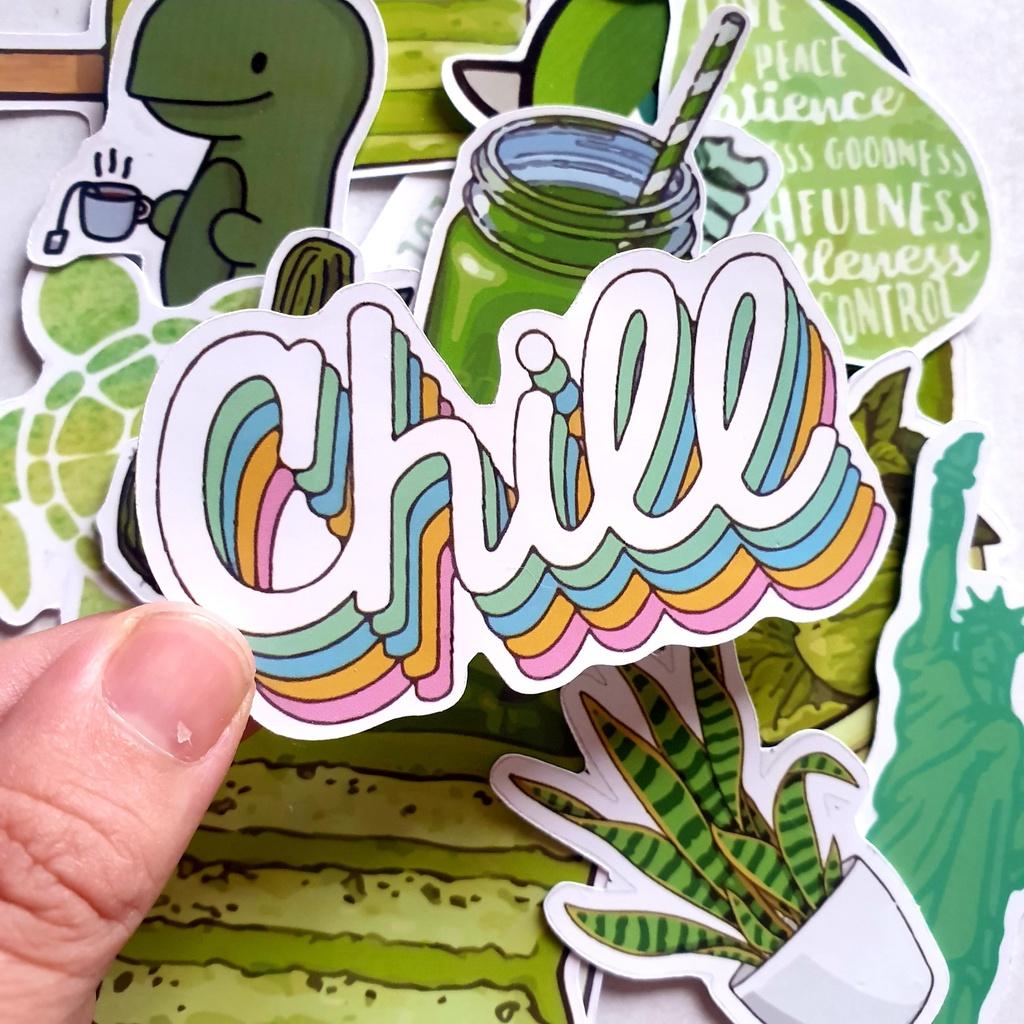 Bộ 20 sticker chống nước Green tone trang trí mũ bảo hiểm, đàn, guitar, ukulele, điện thoại laptop