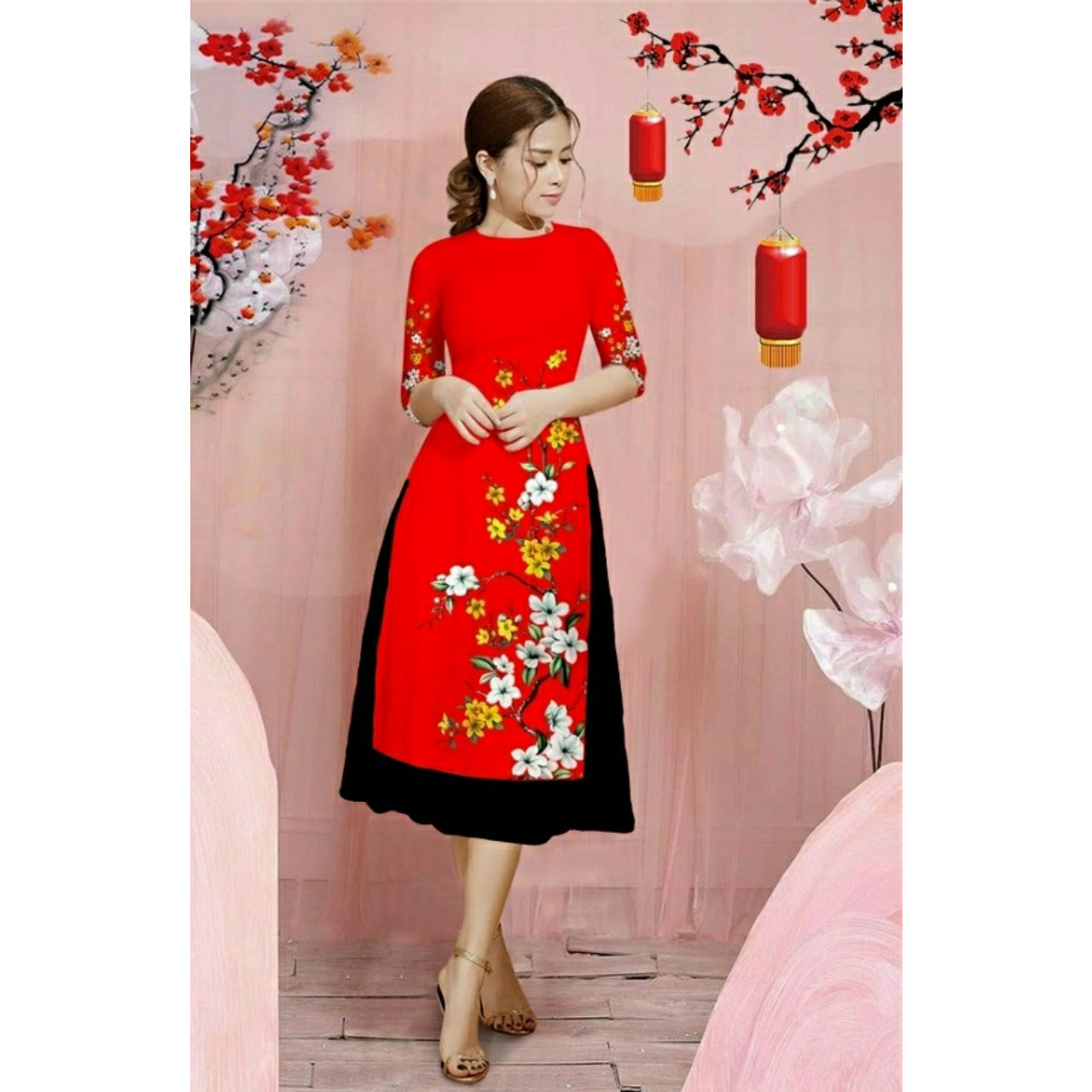SET ÁO DÀI CÁCH TÂN IN HOA ĐÀO 3D ĐỎ (ÁO VÀ CHÂN VÁY
