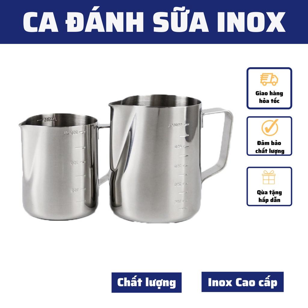 Ca đánh sữa Inox 304 chia vạch dung tích 350-550- 600ml pha latte tạo hình nghệ thuật cà phê Espresso dụng cụ pha chế