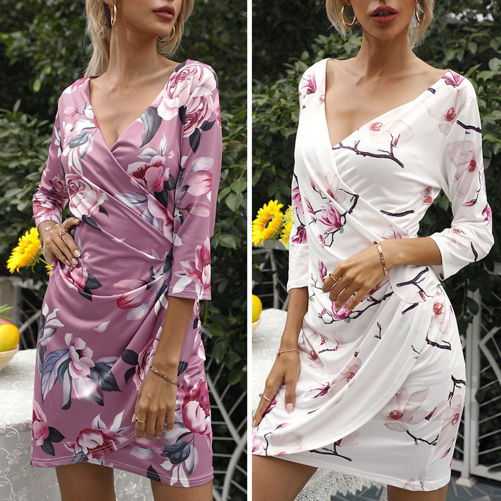 Women Floral Print Dress V-neck 3/4 Sleeve Elegant Slim Fit Mini Dress for Office Street Club