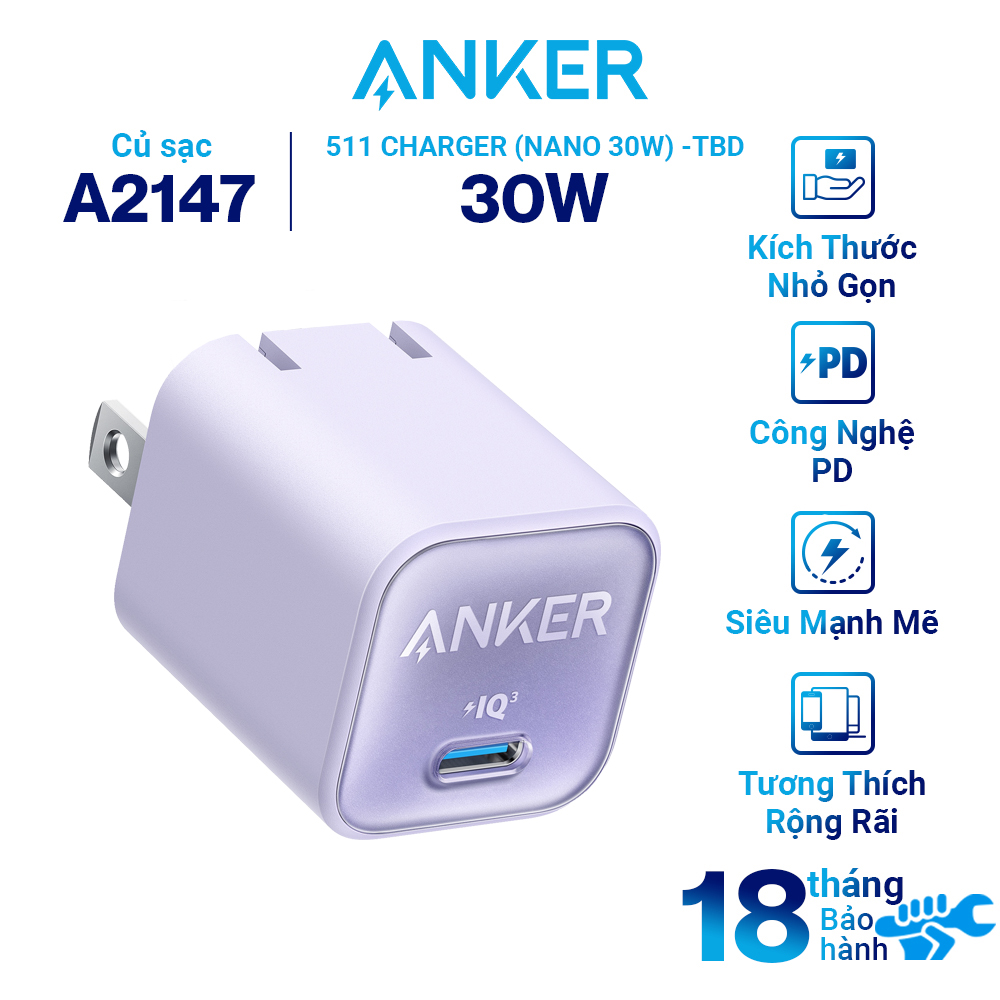 Adapter Sạc Anker 511 Charger Nano 3 30W 1 Cổng Type-C A2147 - Hàng Chính Hãng