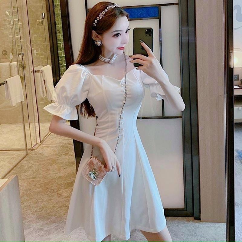 ĐẦM ĐI TIỆC Đầm váy cổ vuông nút bọc 2 màu