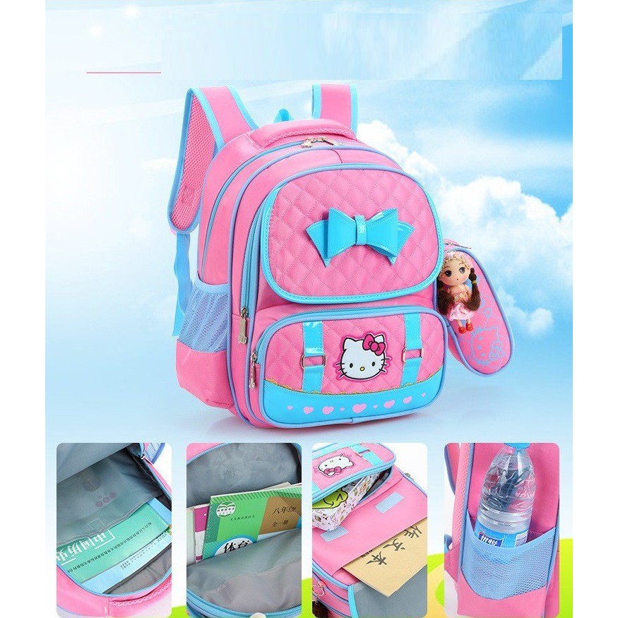 Balo đi học cấp 1 cho bé gái hình Hellokitty tặng kèm hộp bút và búp bê đáng yêu