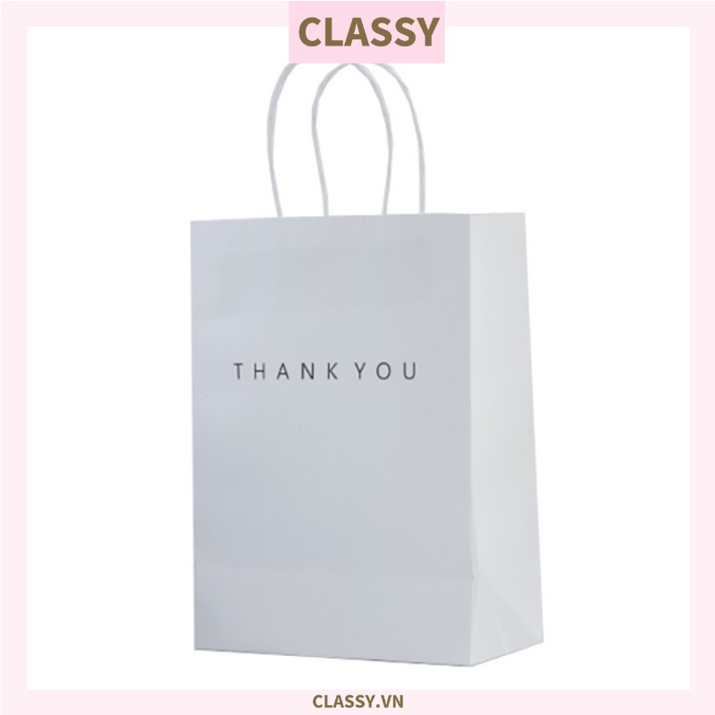 Túi giấy kraft Classy Thank You có quai xách màu trắng, nhiều kích cỡ lựa chọn Q1352