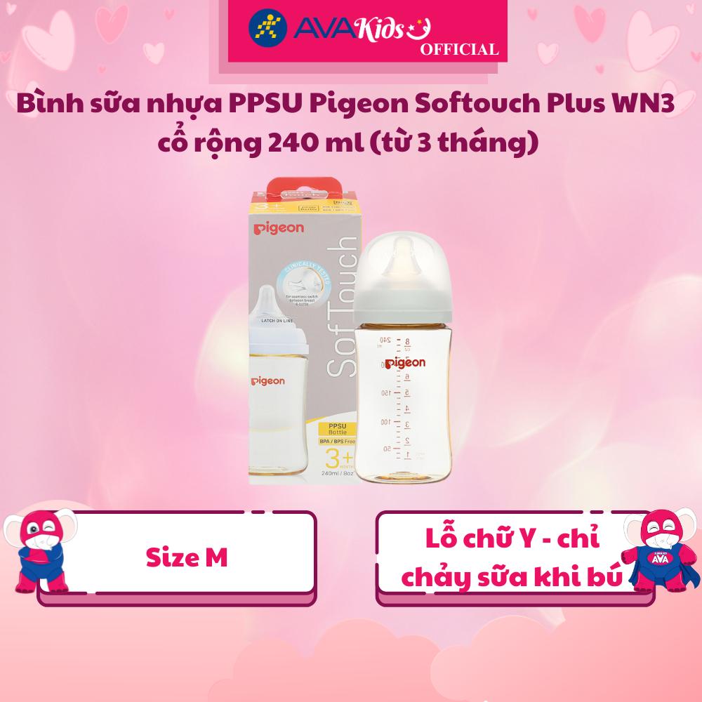 Bình sữa nhựa PPSU Pigeon Softouch Plus WN3 cổ rộng 240 ml (từ 3 tháng) - Hàng Chính Hãng