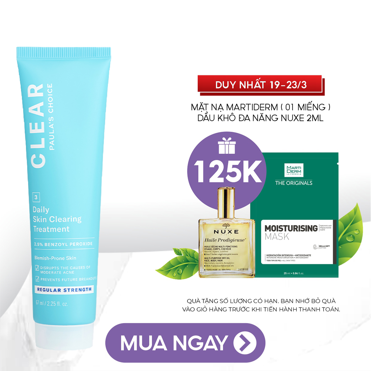 Kem giảm mụn và sưng viêm chứa 2,5% Benzoyl Peroxide Paula's Choice Clear Regular Strength Daily Skin Clearing Treatment 2,5% Benzoyl Peroxide 67ml