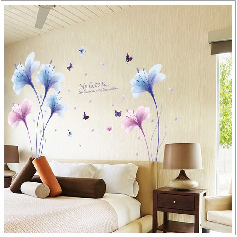 Decal tranh hoa thủy tinh xanh hồng AmyShop DH076 (90 x 180 cm)