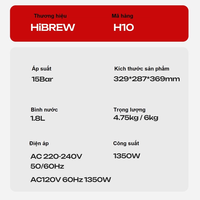 Máy pha cà phê chuyên nghiệp Espresso, Cappuccino, Latte thương hiệu Mỹ cao cấp HiBREW H10 - Công suất 1350W - Hàng chính hãng