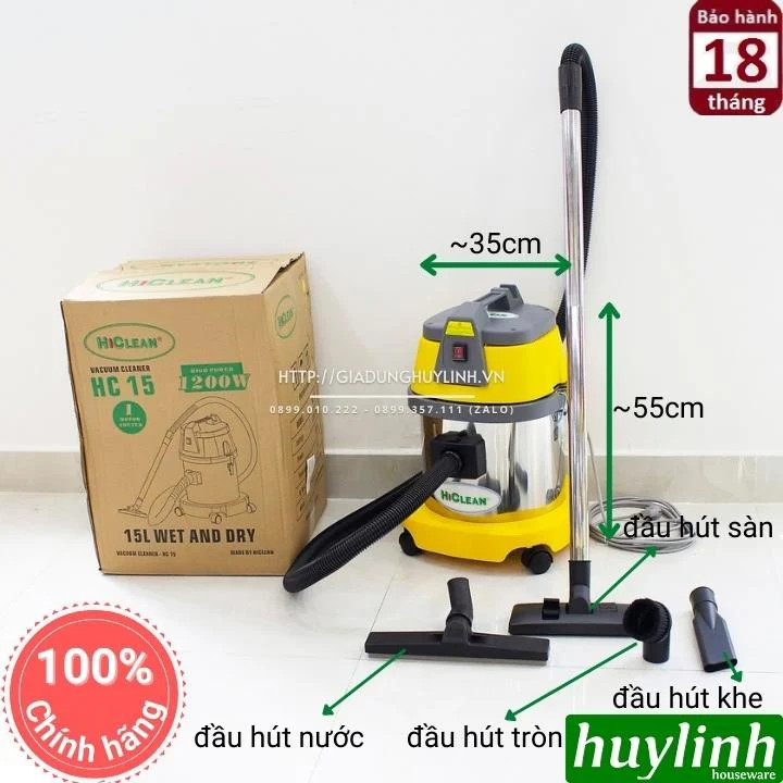 Máy hút bụi công nghiệp khô và ướt Hiclean HC15 - Dung tích 15 lít - Công suất 1200W - Hàng chính hãng