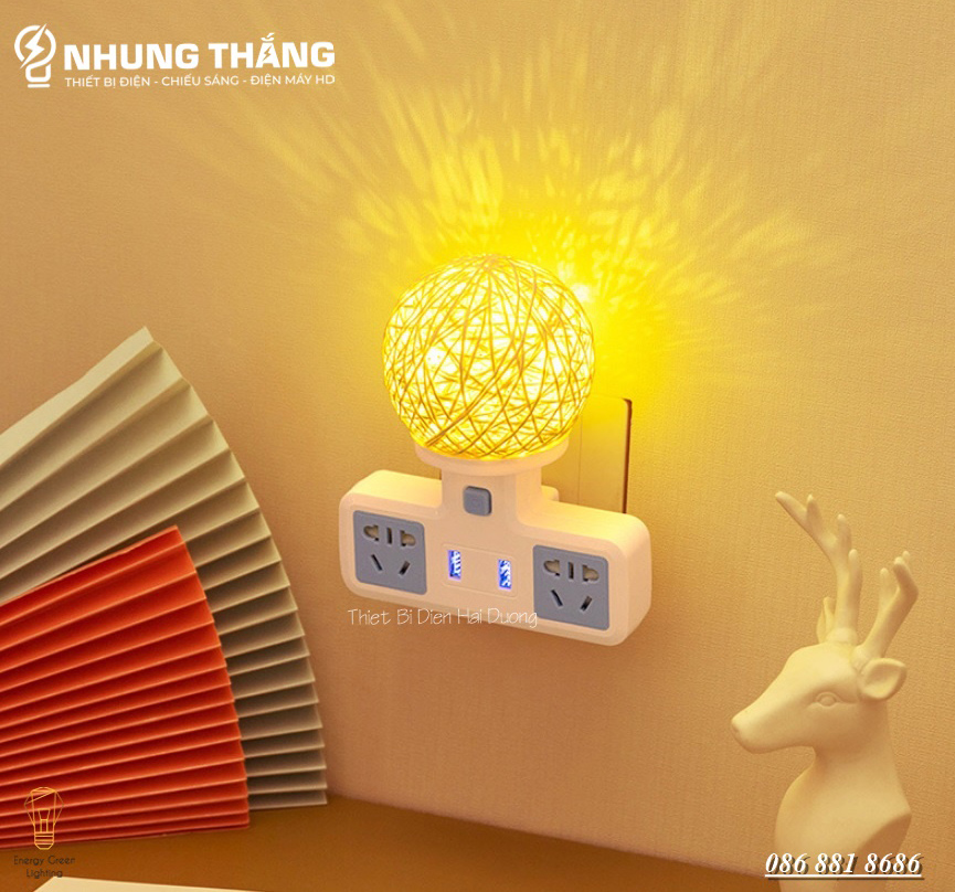 Ổ Cắm Điện Đa Năng - Đèn Ngủ Cầu Mây - 2 Cổng USB , Ổ Chịu Tải 2500W, Chống Cháy Nổ - Kèm Phích Chuyển Đổi - Có Video