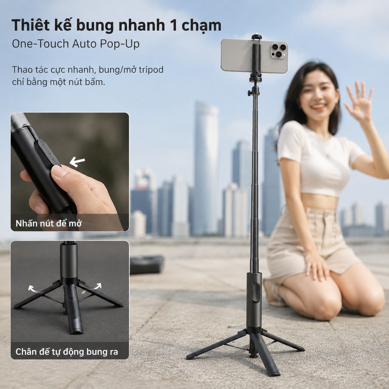 Gậy Chụp Ảnh Selfie Xoay 360 độ chống rung hiệu WIWU WI-SE019 SnapLoop 4in1 Tripod Bluetooth – Bung Tripod 1 Chạm – Kéo Dài 1.6M – Remote Từ Tính - Cho iPhone Samsung Oppo Huawei - Z Fold - Z Flip - Hàng nhập khẩu