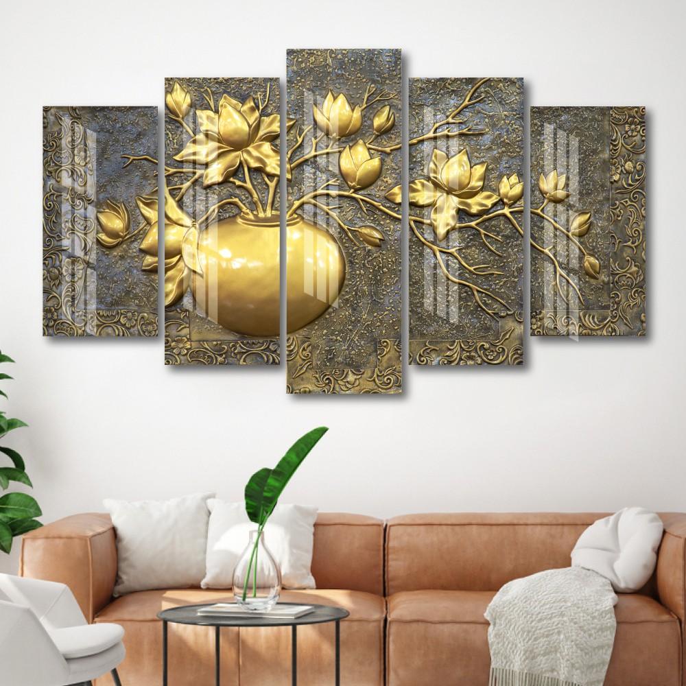 Bộ tranh treo tường 5 tấm tráng gương lọ hoa vàng trang trí decor phòng ngủ, phòng khách, phòng ăn và treo cầu thang đẹp