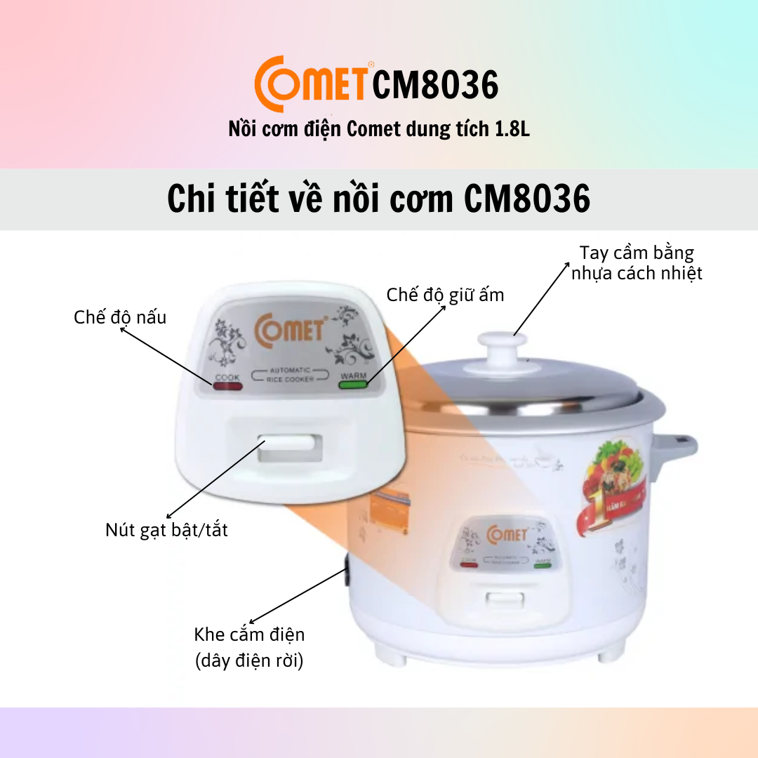 Nồi Cơm Điện Comet CM8036 (Dung tích 1.8L) - Hàng Chính Hãng - Bảo Hành 12 Tháng