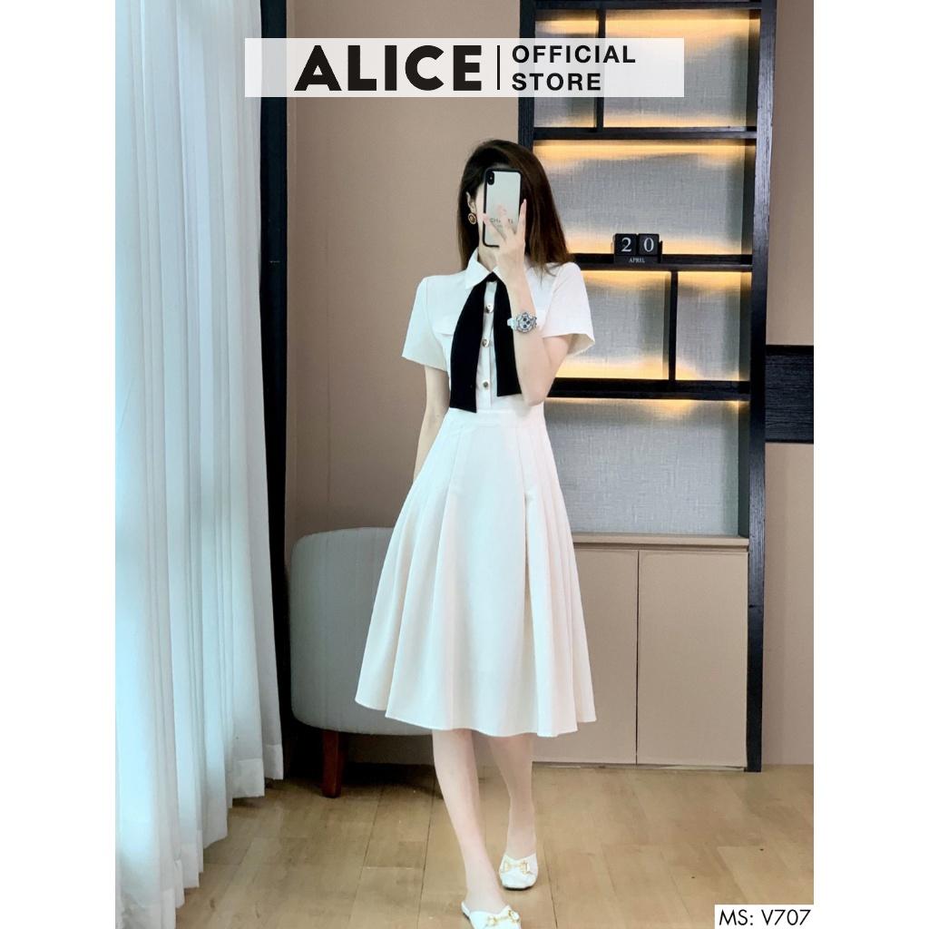 Váy Trắng Công Sở Tiểu Thư Dáng Xòe ALICE V707, Thiết Kế Tay Lỡ Phối Nơ Cổ Sang Chảnh