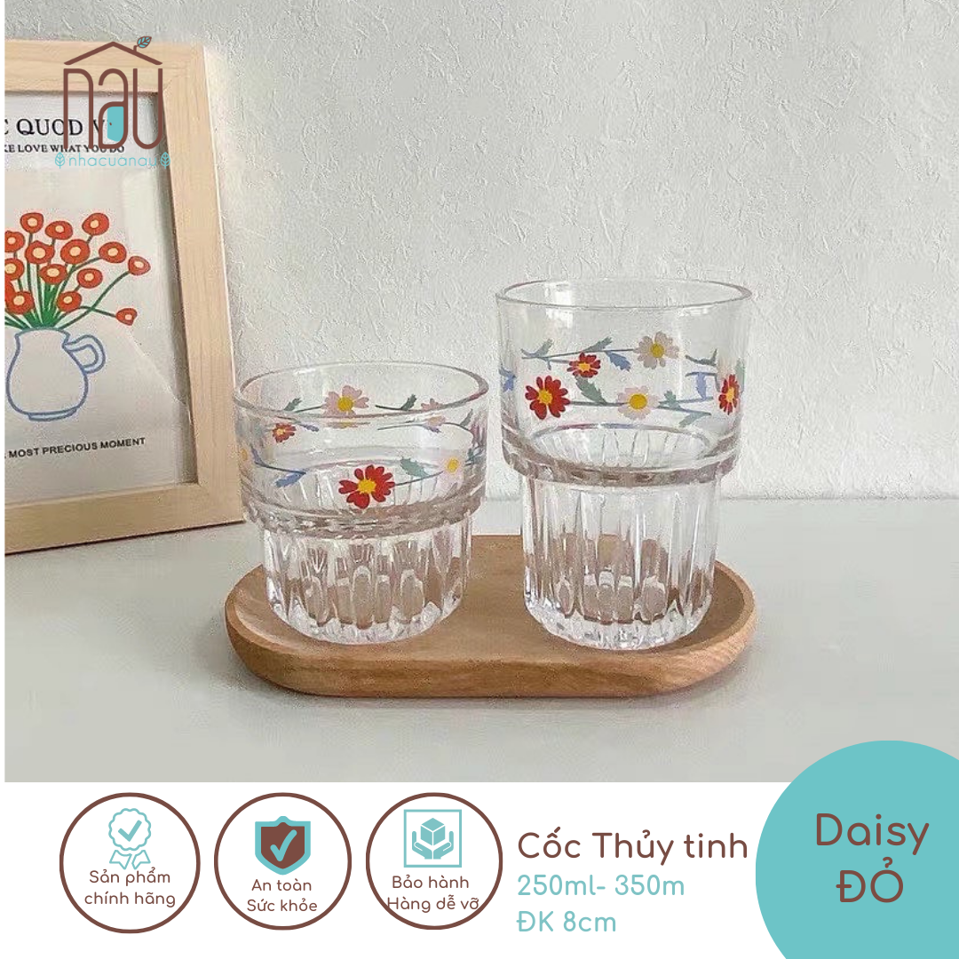 Cốc thuỷ tinh vẽ bông hoa dễ thuơng ba bông hoa xinh xắn