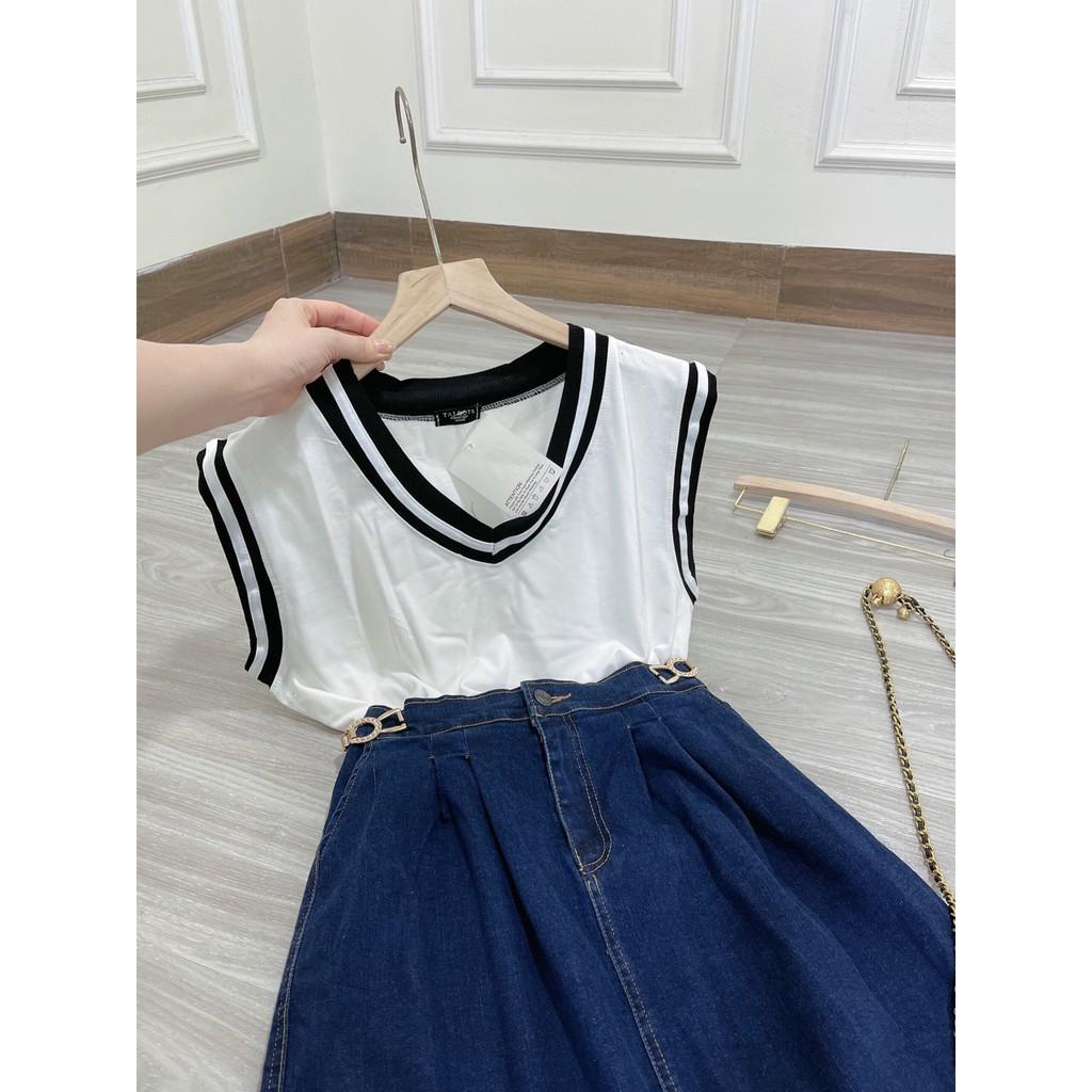 Sét áo ba lỗ phối viền kèm chân váy bò cá tính - áo thun tàu xịn mát Chân váy jean co giãn mềm đẹp - đai khuy xịn xò