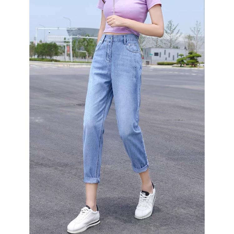 Quần jean dài phom Baggy / boyfriend co dãn mạnh, lưng cao, màu xanh đá hottrend