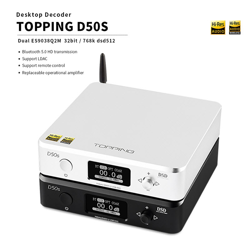 Thiết Bị Giải Mã Âm Thanh DAC Topping D50s Chuyên Dùng Cho Hệ Thống Âm Thanh Gia Đình, Trên Ô Tô Tích Hợp Bluetooth 5.0 Nghe Nhạc Lossless DSD512 32bit - Hàng Chính Hãng