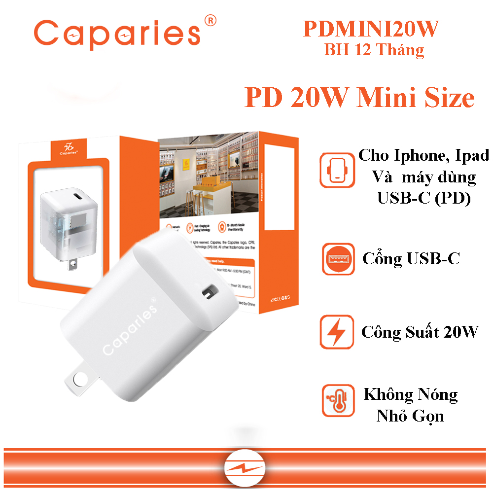 Củ Sạc CAPARIES PD MINI 20W 1 cổng USB-C tương thích PD - PDMINI20W - Hỗ trợ sạc nhanh 20W cho iPhone 8 trở lên và các dòng điện thoại dùng USB-C - Hàng Chính Hãng