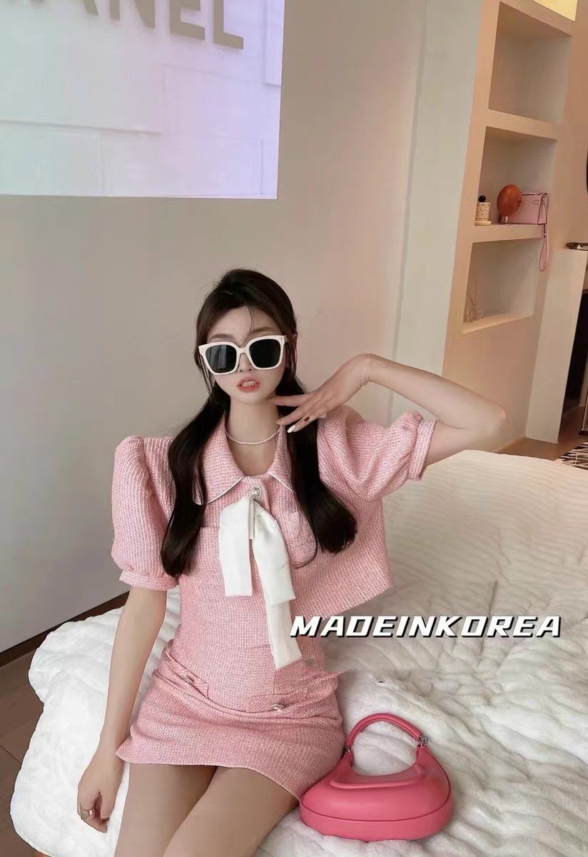 Set áo croptop đính nơ kèm chân váy chữ a ulzzang hàn quốc