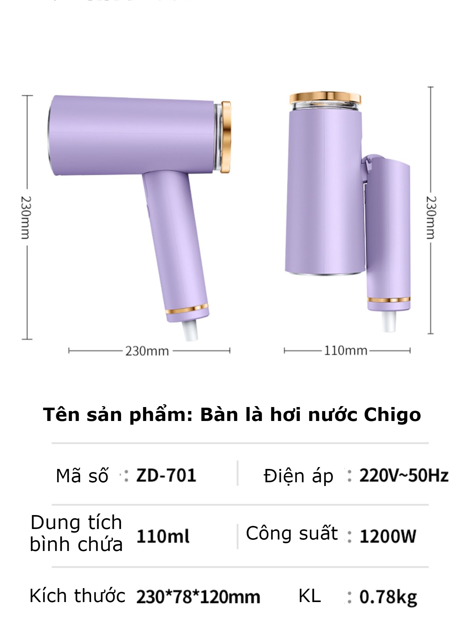 Bàn là hơi nước cầm tay cao cấp Chigo - Máy là hơi nước cầm tay công suất lớn 1200W - Bàn ủi hơi nước thông minh, gấp gọn tiết kiệm không gian, bình nước tháo rời -tặng kèm đầu chuyển đổi