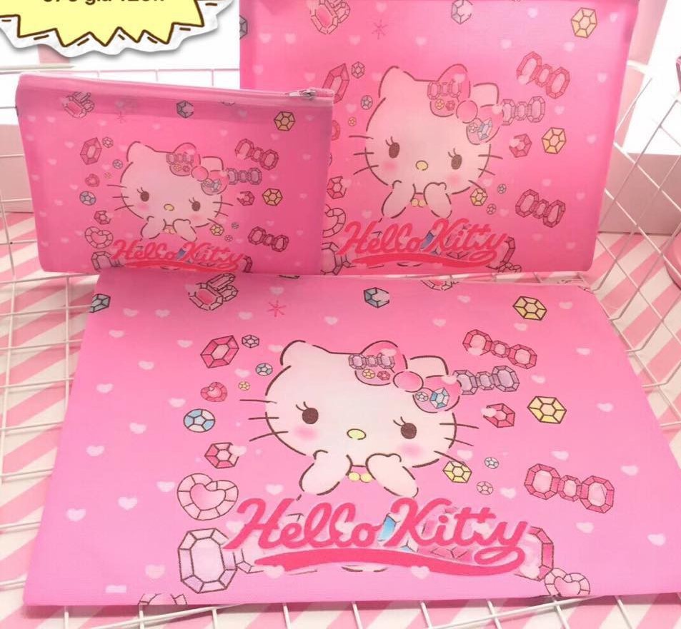 Set 3 túi đựng đồ , đựng mỹ phẫm mèo kitty (kim cương)