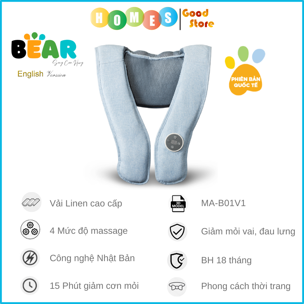 Máy Massage Cổ Vai Gáy, Máy Đấm Lưng BEAR AMQ-A01X1 Gồm 4 Kỹ Thuật Đấm Lưng Gồm 16 Cường Độ Massage Như Người Thật - Hàng Chính Hãng