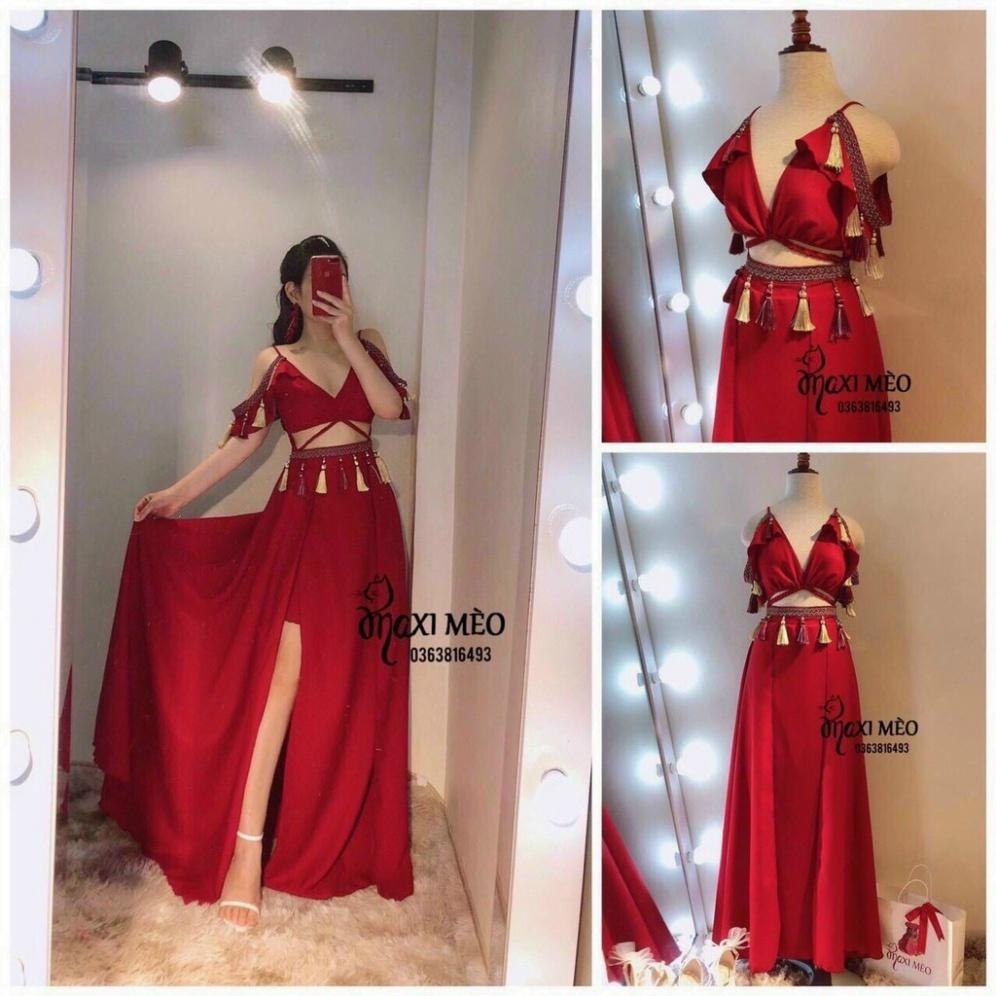 Đầm váy maxi thổ cẩm lụa có mút ngực vàng xanh đỏ 2 dây cổ V xẻ đùi đi biển dự tiệc dạo phố bigsize gợi cảm sexy