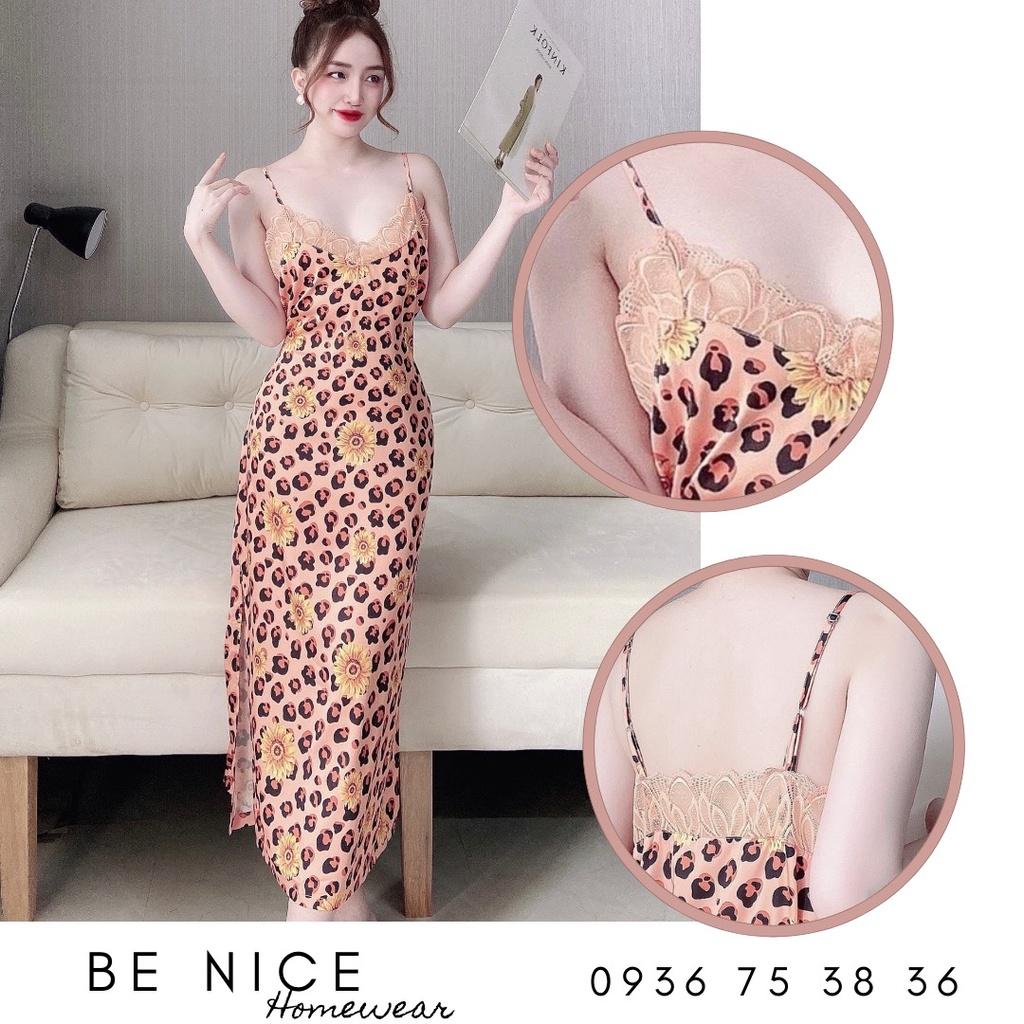 Váy lụa dây mặc nhà sexy phối ren xẻ hai bên xinh xắn Be Nice Homewear