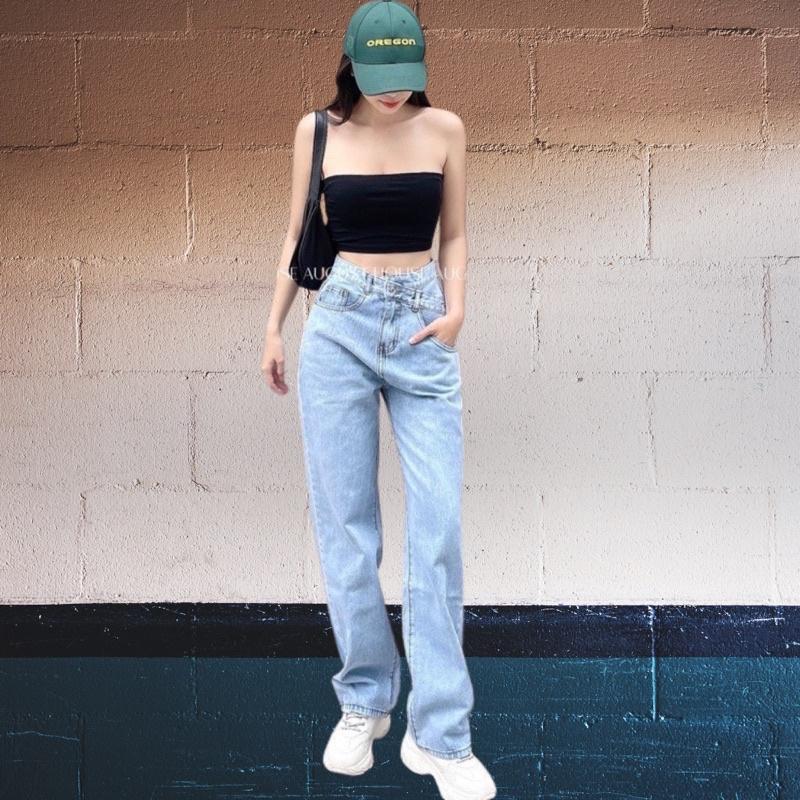Quần Jean Ống Rộng SIMPLE JEAN Unisex-Chất Liệu Jean Không Giãn,Màu Xanh Nhạt