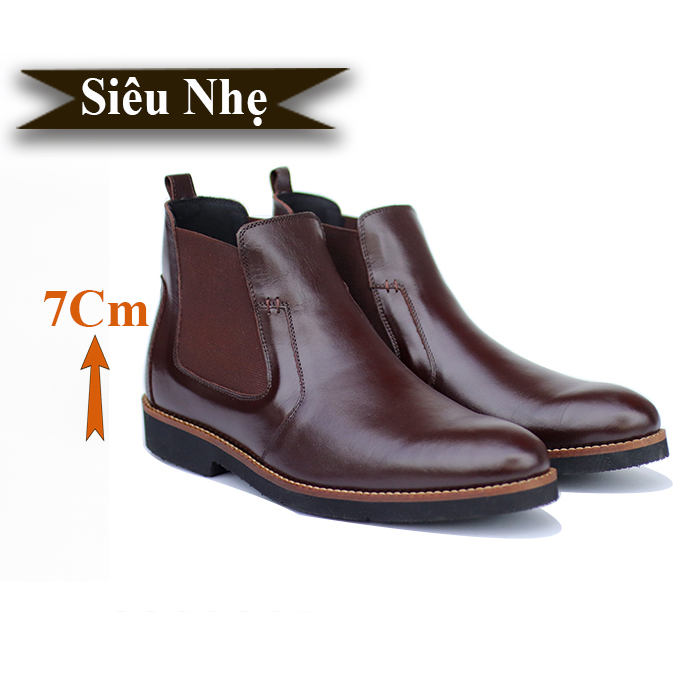 Giày Chelsea Boots Nam Tăng Chiều Cao Siêu Nhẹ T&amp;TRA Tăng Cao 7Cm, S1077 Nâu Tối Trơn , Chất Liệu Da Bò Cao Cấp, Đế Và Lót Siêu Nhẹ Giúp Giảm Trọng Lượng 30% So Với Đế Cao Su