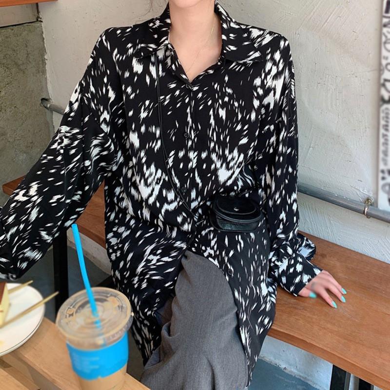 Áo Sơ Mi Dài Tay Dáng Rộng In Họa Tiết Cá Tính