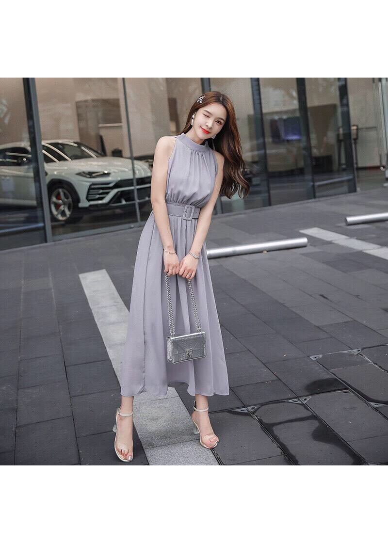 ĐẦM MAXI XÁM KÈM NỊT