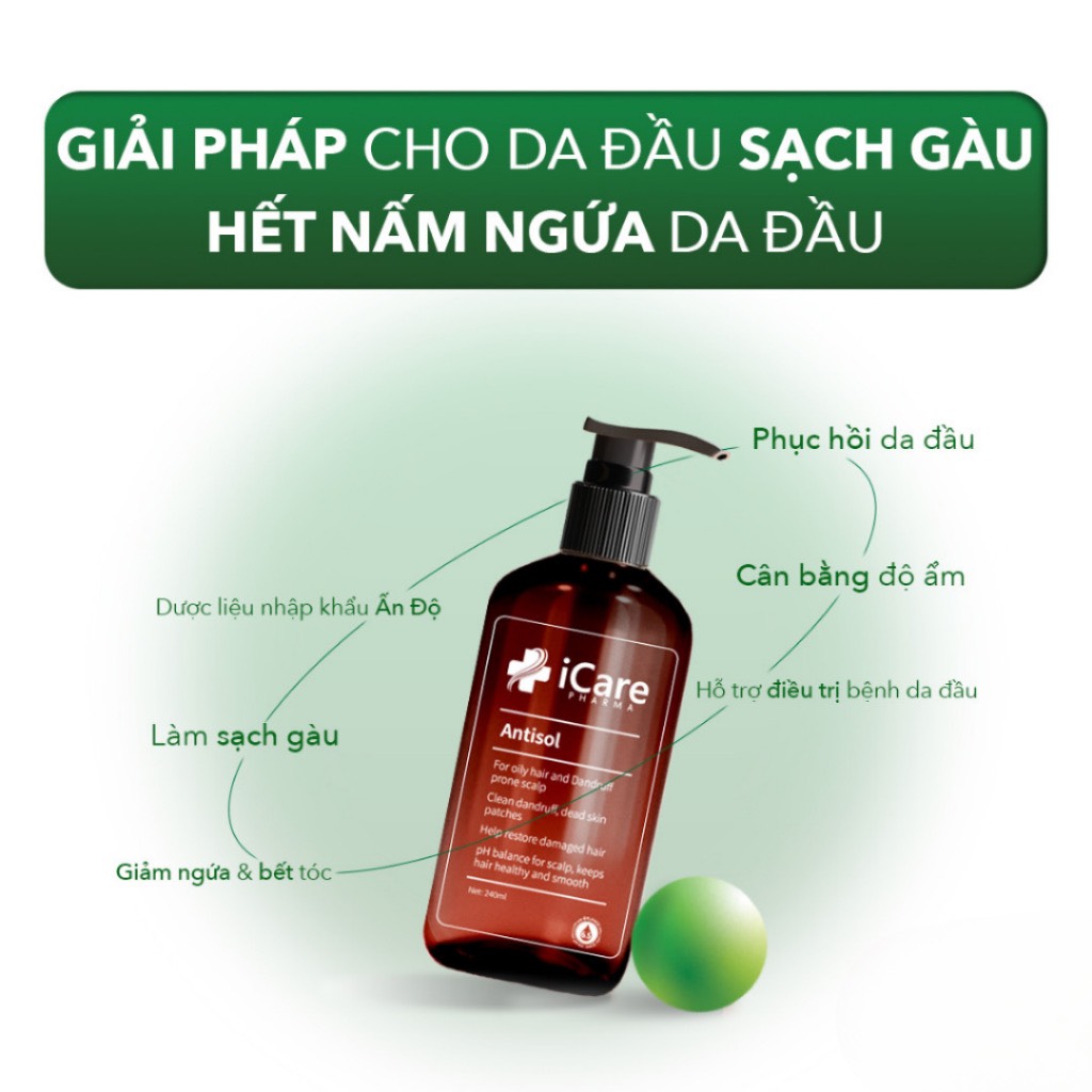 Dầu Gội iCare Pharma Antisol dược liệu pH 6.5 làm sạch gàu, giảm ngứa và bết tóc 240ml