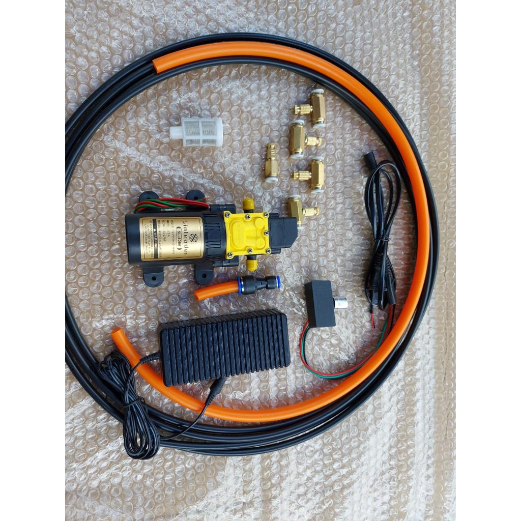 Bộ phun sương. bơm sinleader đơn kèm nguồn 12v-5a. 10m dây phun. 1m dây hút. 5 béc đồng. điều tốc 12v. giúp l