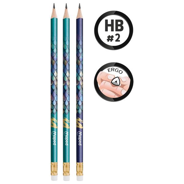 Vỉ 3 Bút Chì Đen HB Có Gôm Họa Tiết Rồng - Maped