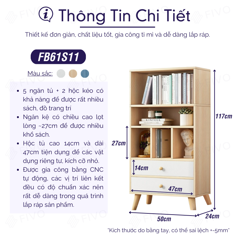 Tủ Sách Đa Tầng Tiện Lợi FIVO FB61 Có Hộc Kéo, Thiết Kế Sang Trọng Đa Năng, Màu Vân Gỗ - Hàng Chính Hãng