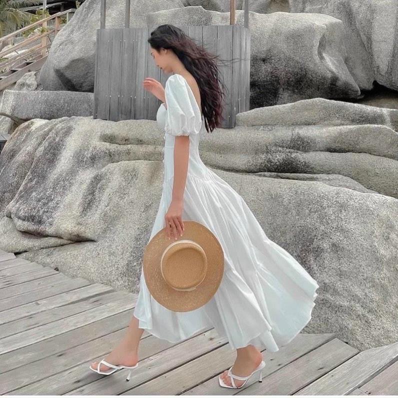 X2 Đầm maxi trắng tầng cổ vuông nút bọc dáng xòe đi biển dự tiệc bánh bèo dịu dàng