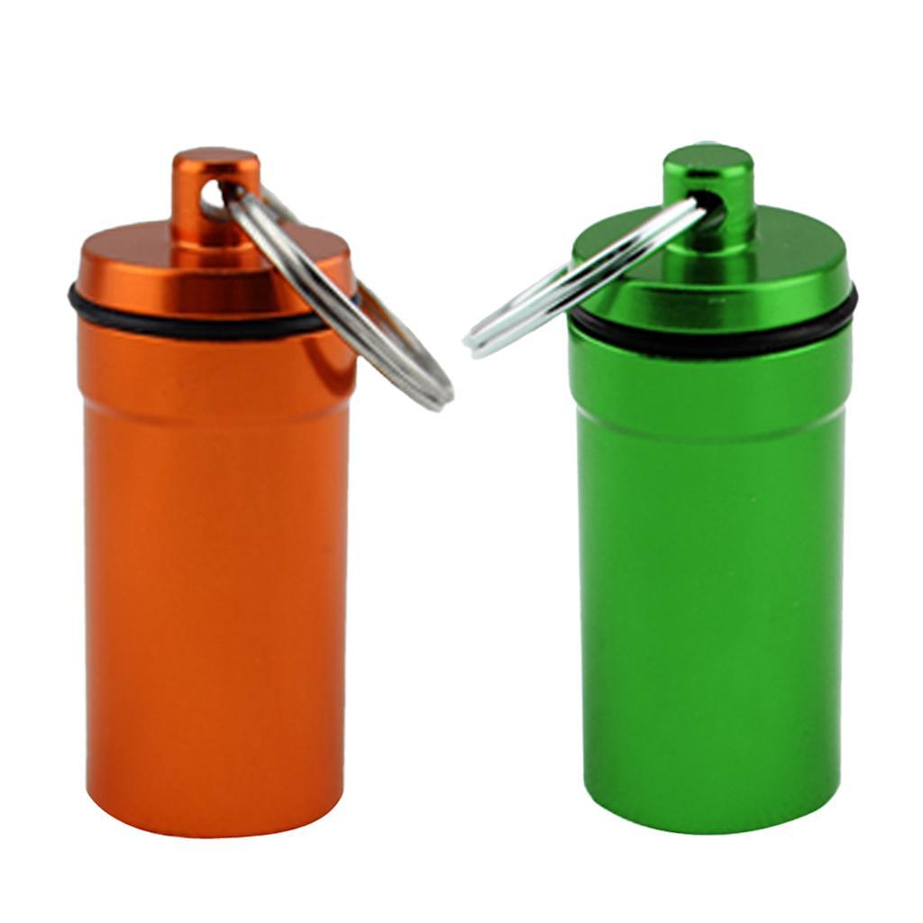 2pcs Waterproof Aluminum Pill Box Case Bottle Drug Holder Keychain Medicine Container Green and Orange