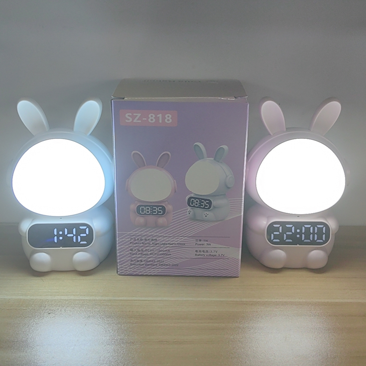 Đồng hồ xem giờ tích hợp đèn ngủ Rabbit điều khiển bằng giọng nói chức năng báo thức điều chỉnh độ sáng 4 cấp, pin sạc dung lượng 1500mA