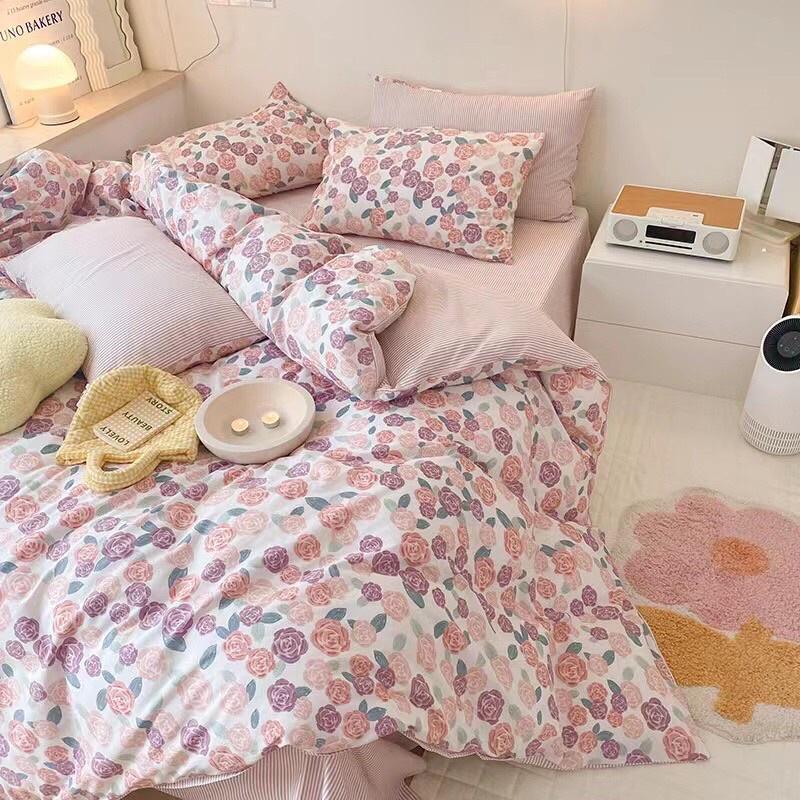 Set Cotton Living Hàn Quốc Dây Nơ Hàng Nhập Khẩu Cao Cấp Hoa Nhí Hồng