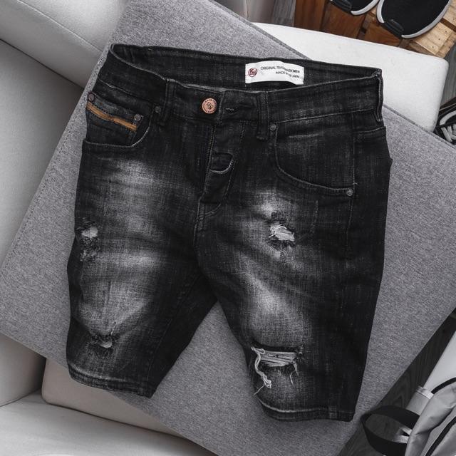 Quần short jean nam màu đen wash thời trang