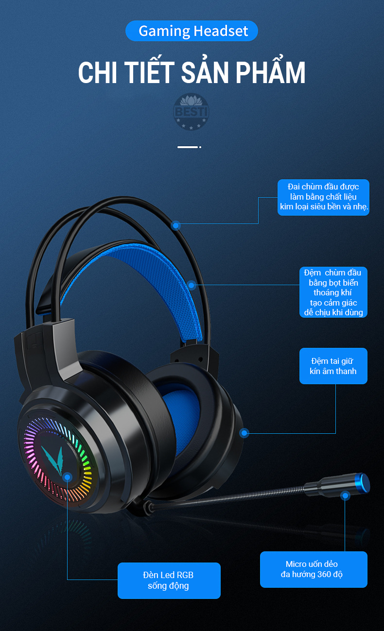 Tai Nghe Gaming Chụp Tai Máy Tính Besti BT01 Có Đèn Led Đổi Màu Và Mic Đàm Thoại, Headphone Chơi Game Trên Laptop, PC - Hàng Chính Hãng Besti