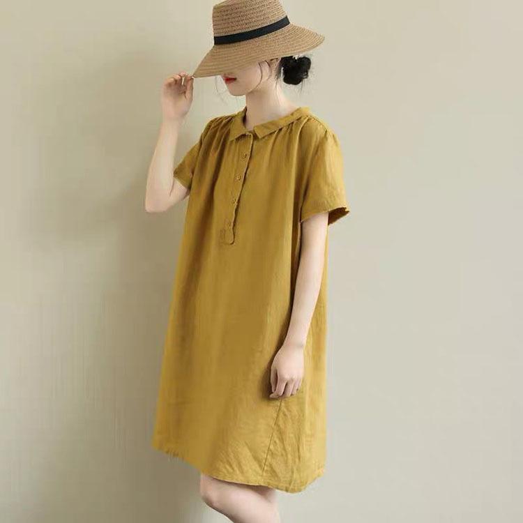 Đầm suông đũi cổ sen nằm không kén dáng mặc, thời trang xuân hè 2022 - Vàng