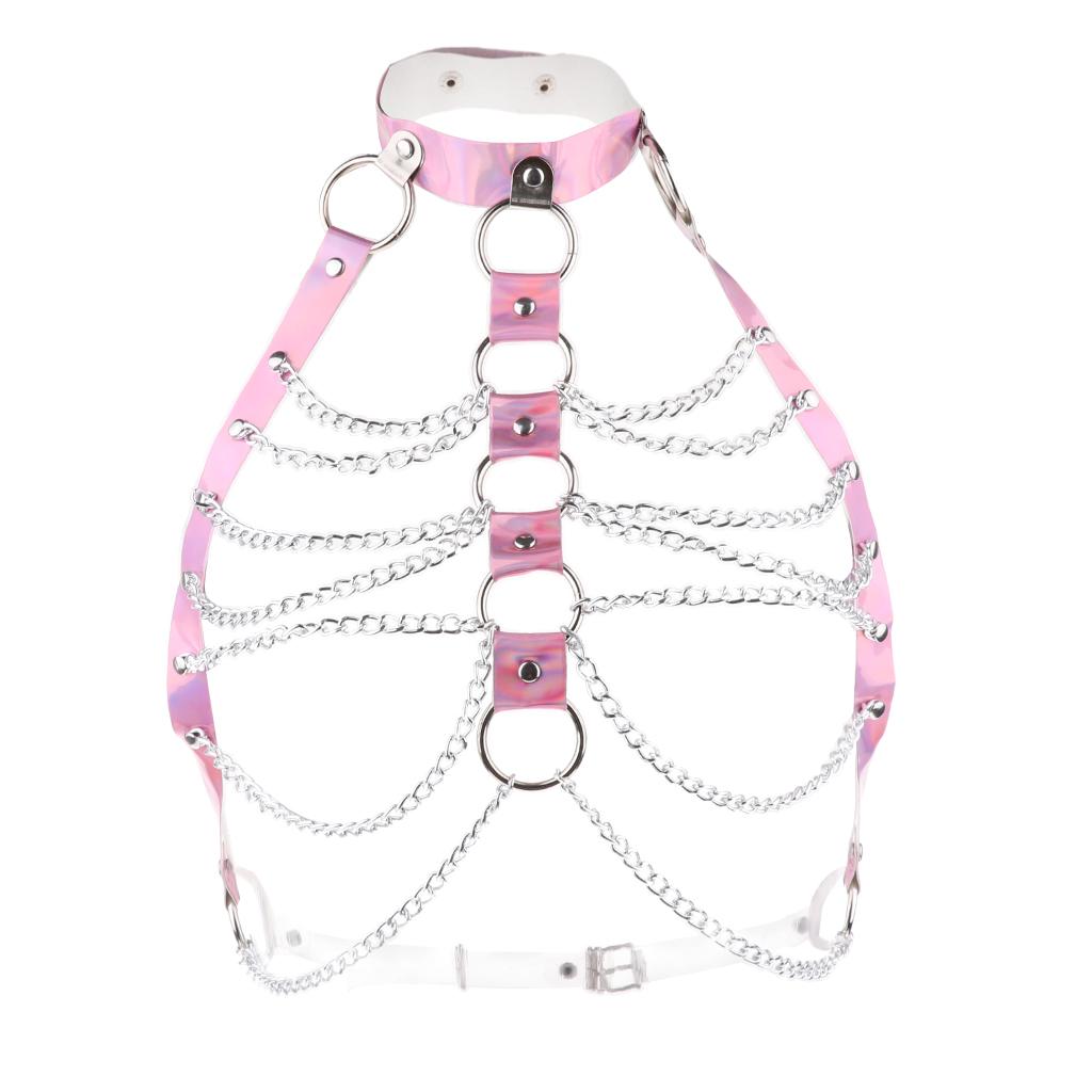 Women PU Leather Adjustable Body Chest Harness Belt Choker Necklace