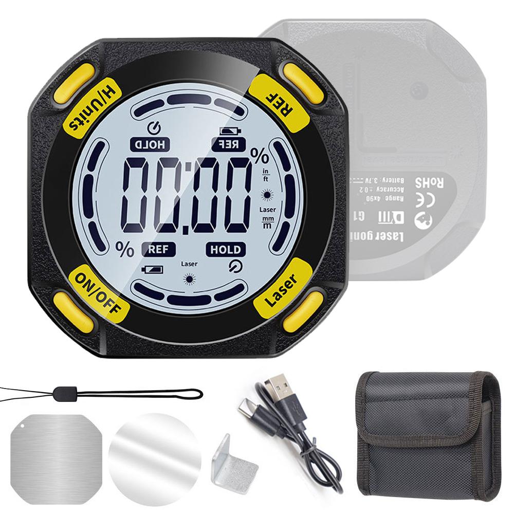 5-Sided Strong Magnetic Inclinator Digital Level and Angle Finder Versatile 4 * 90° Inclinometer LCD Display Dipmeter Gauge 4 Unit Switchable with Two Laser Lines