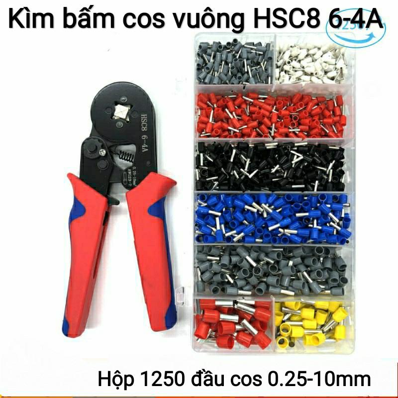 Kìm bấm cos vuông HSC8 6-4A tự điều chỉnh kèm 1250 đầu cos đủ loại cos ống tròn cos pin